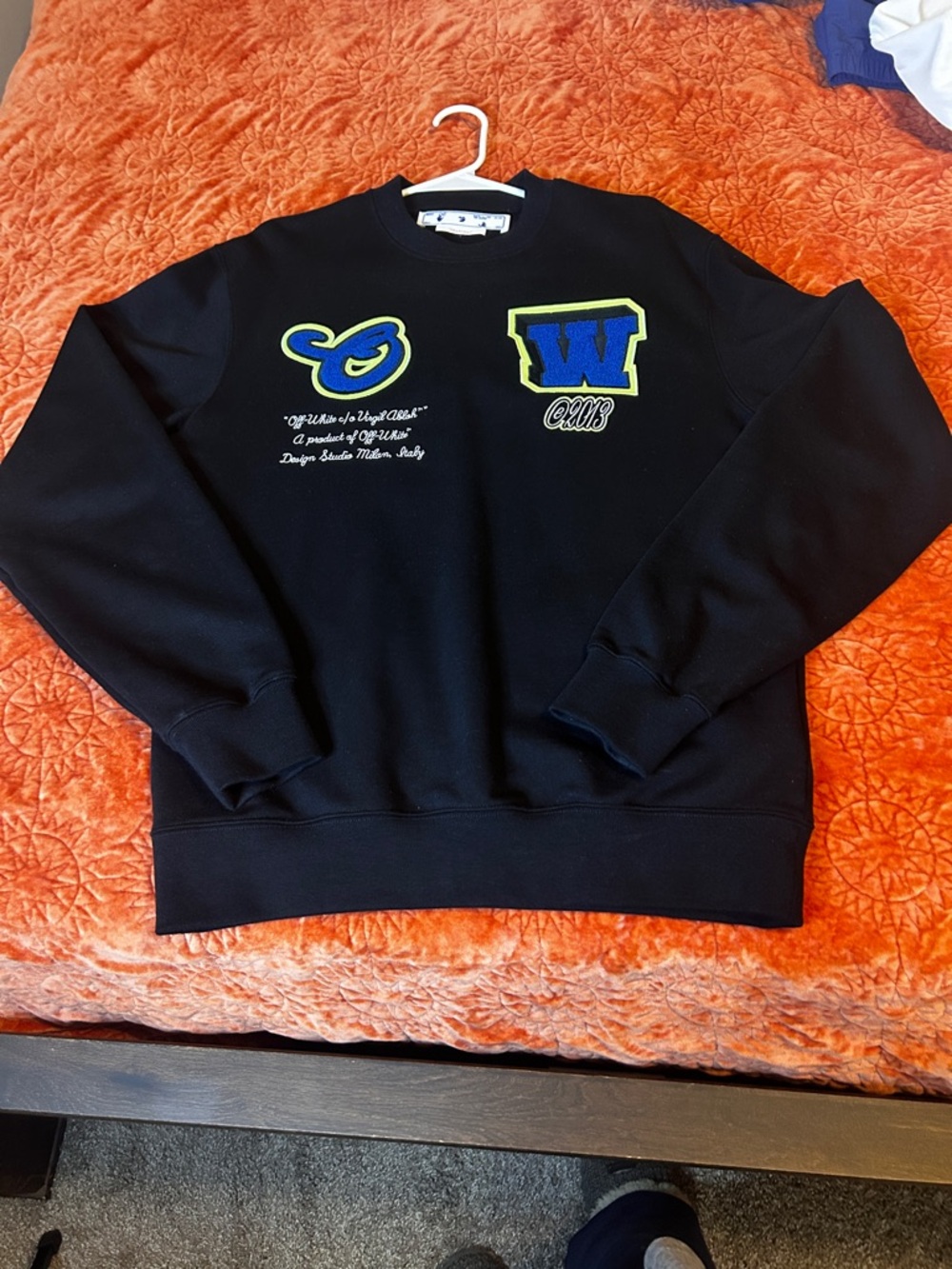 Off-White Black Crewneck Sweatshirt with Blue & Yellow Patches